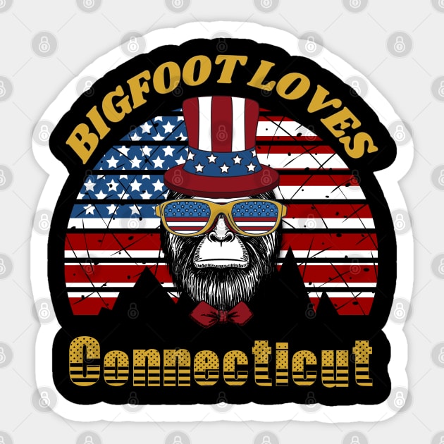 Bigfoot loves America and Connecticut Sticker by Scovel Design Shop